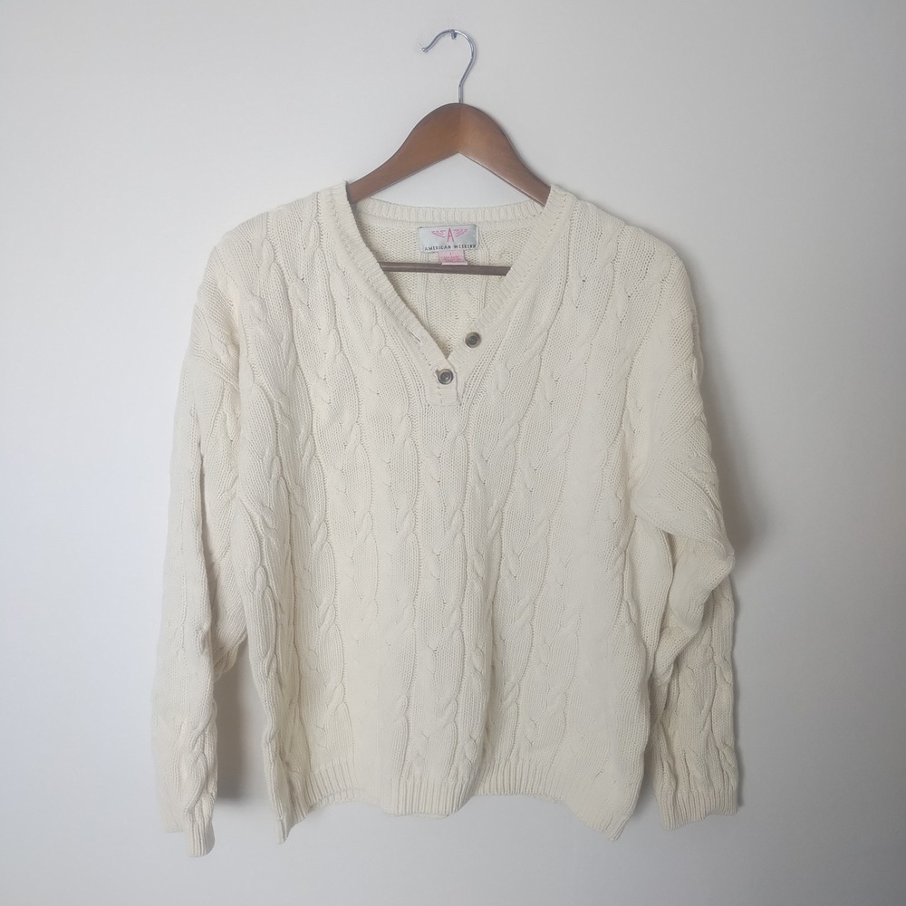 Vintage American Weekend Cable Knit Sweater Women's Large Henley V-Neck Preppy